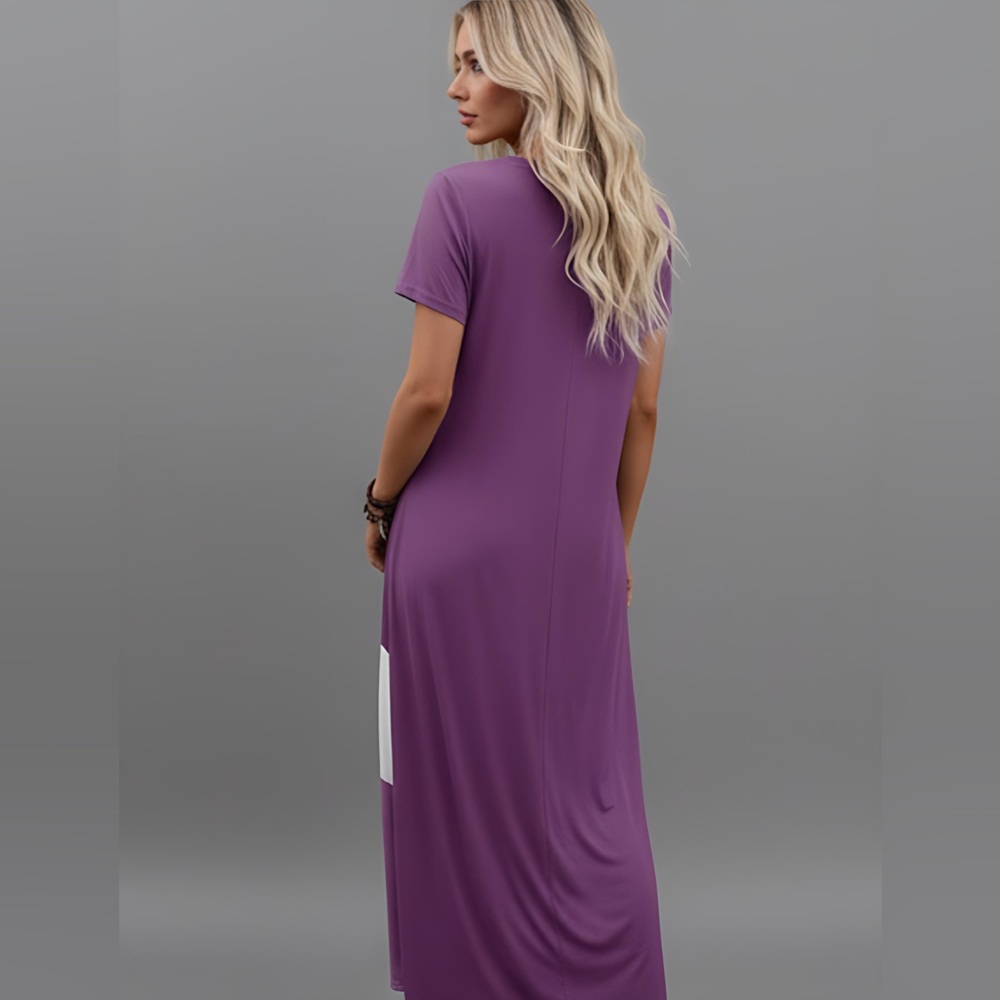 LAST ONE 🔥 Short Sleeve Color Block Tee Dress Purple - Picture 4 of 5